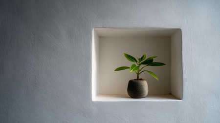 Small plant in a pot on a white wall with space for textの素材