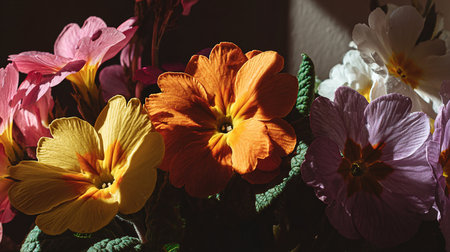 Colorful primroses in a vase on a dark backgroundの素材