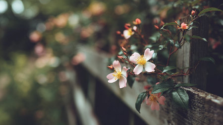 Beautiful pink flowers on a wooden fence in the garden, vintage styleの素材