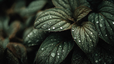 Close up of fresh green leaves with water droplets after rain.の素材