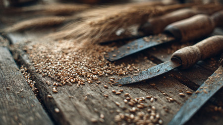 Spikelets of wheat and old rusty knives on a wooden tableの素材