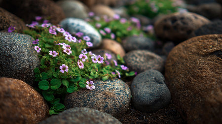 Beautiful purple flowers in the garden with pebbles and stonesの素材