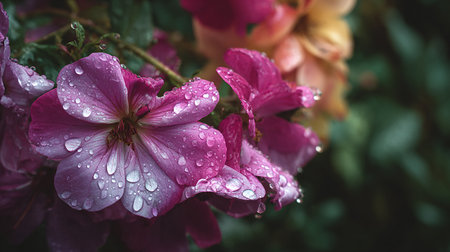 Beautiful pink geranium flowers with drops of water after the rainの素材