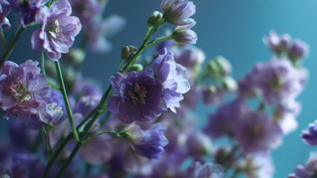 Lilac flowers close-up on blue background. Delphiniumの素材