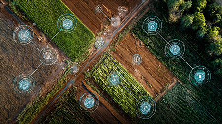 Smart farming technology. Aerial view of agricultural field with agricultural machinery.の素材