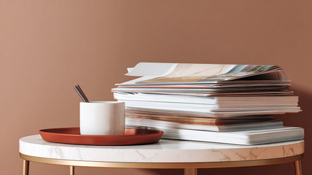 Stack of magazines and cup of coffee on table, on color backgroundの素材