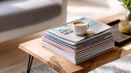 stack of magazines and cup of coffee on wooden table in living roomの素材