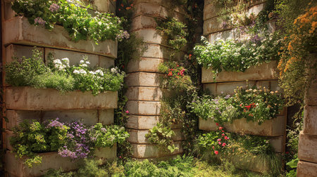 Beautiful garden with blooming flowers and green plants in pots.の素材