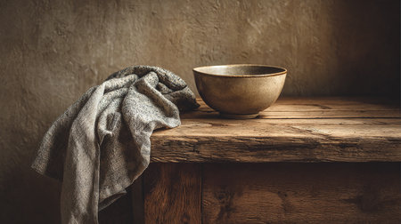 Wooden bowl and napkin on rustic wooden background. Vintage style.の素材