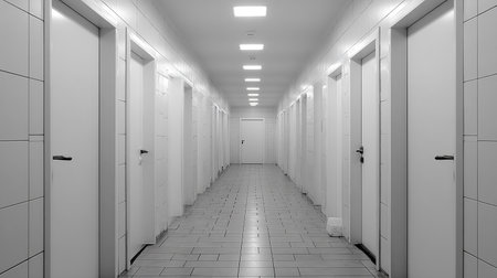3D rendering of a hallway in a modern building with white wallsの素材