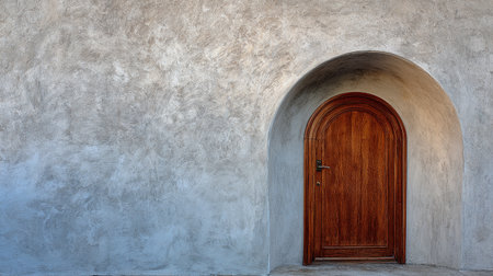 Wooden door in front of concrete wall. 3D rendering.の素材