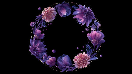Wreath of purple flowers on a black background. Vector illustration.の素材