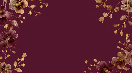 Dark burgundy background with golden flowers and leaves. Place for text.の素材