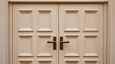 Close-up of a white wooden door with a keyhole.の素材
