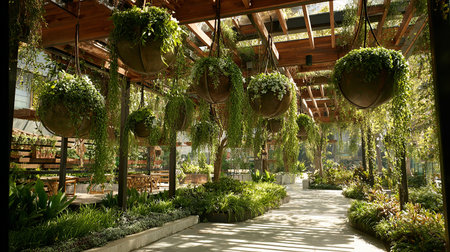 Flower garden in the city of Kuala Lumpur, Malaysia. Beautiful green plants in pots.の素材