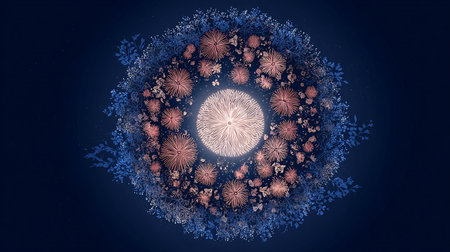 Fireworks in the shape of a circle on a dark blue backgroundの素材