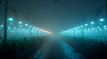 Rows of plants growing in a greenhouse in the foggy morningの素材
