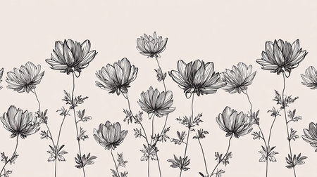 Seamless pattern with cosmos flowers. Hand drawn vector illustration.の素材