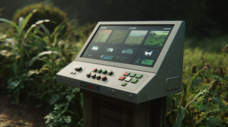 Close up view of an electronic control panel in a corn field.の素材