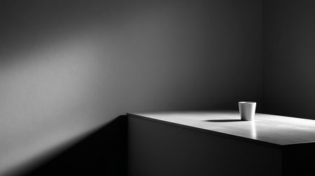 3D rendering of a coffee cup on a table in a dark roomの素材