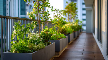 Flowers in pots on the terrace of a modern apartment buildingの素材