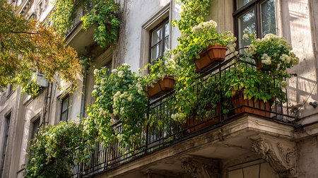 Vintage balcony with white hydrangea flowers in Paris, Franceの素材