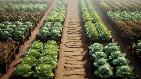 Organic vegetable garden with rows of green and red leaf lettuce.の素材