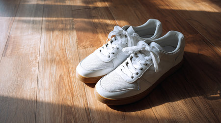 Pair of white sneakers on wooden floor in sunlight, closeupの素材