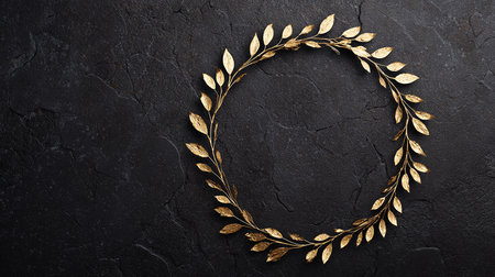 Golden laurel wreath on black stone background. Top view with copy spaceの素材