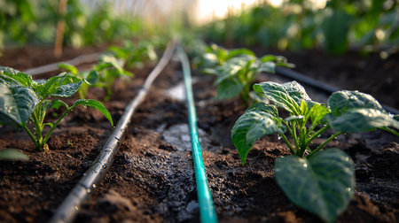 Pepper seedlings growing in a greenhouse. Selective focus.の素材