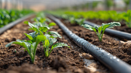 Plantation of pepper seedlings in a greenhouse. Selective focus.の素材