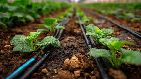 Plantation of seedlings of melon in a greenhouse.の素材