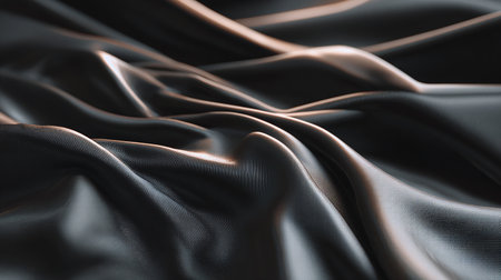 Closeup of rippled black satin fabric texture background.の素材