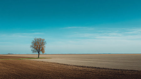 lonely tree on ploughed field with blue sky backgroundの素材