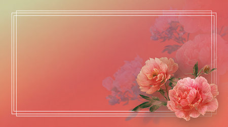 Pink peony flowers on red background with frame. Vector illustration.の素材