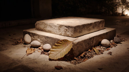 Concrete steps in the garden at night with fallen leaves on the groundの素材