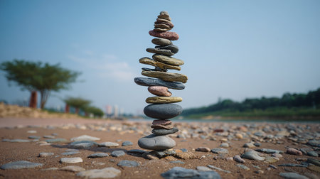 Pyramid of pebbles on the beach. Zen concept.の素材