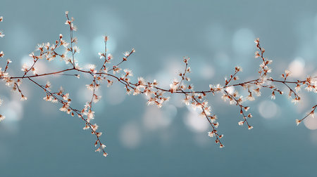 Cherry blossom branch on blue background with bokeh effectの素材