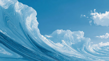 Blue ocean wave background with white clouds. 3d render illustration.の素材
