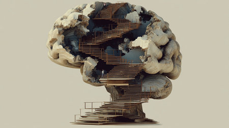 Abstract 3d rendering of human brain with stairs in the center.の素材