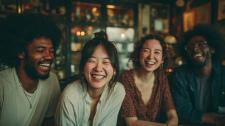 Group of friends having fun together in a pub. Cheerful young men and women sitting in a pub and laughing.の素材