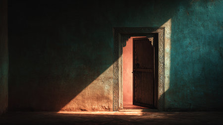 Conceptual image of an old door with light coming through itの素材