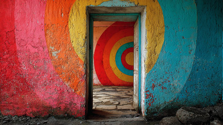 Door in the old abandoned house with colorful wall and door.の素材