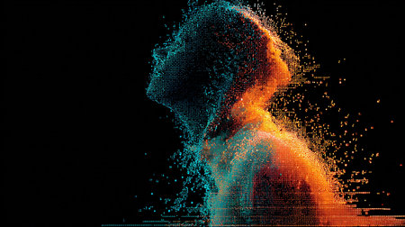 Futuristic man with futuristic face made of particles. 3d renderingの素材