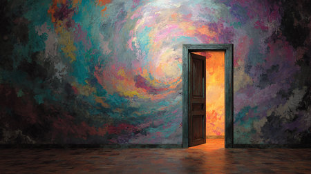 Conceptual image of an open door in the dark with light coming outの素材