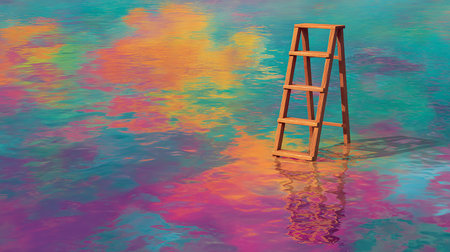 Wooden ladder on the water surface. 3d render illustration.の素材