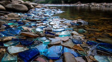 Broken glass on the shore of a mountain river, close-upの素材