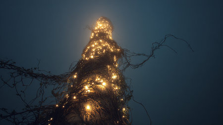 Christmas tree with garland in the night. Christmas and New Year backgroundの素材