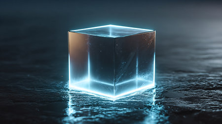 3d render of cube with blue neon light on dark background.の素材
