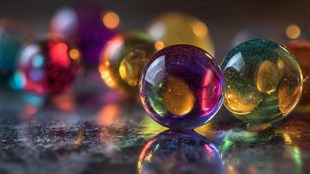 Colorful glass balls on a black background with reflection and bokehの素材